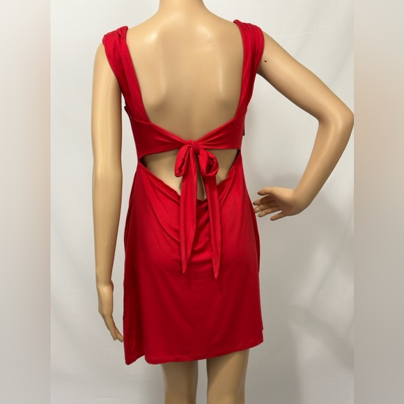 Halara Red Asymmetrical Mini Dress Side Ruching & Slit Open Tie Back Sof… - Picture 8 of 12